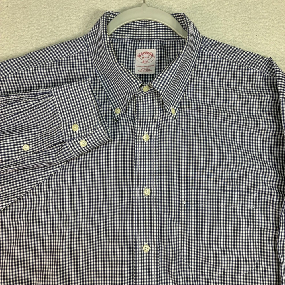 Brooks Brothers Oxford Shirt Men 18-6/7 Blue Gingham Plaid 346 Dress Button OCBD